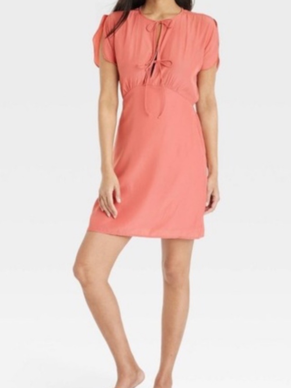 Coral Tie-Front Short Sleeve Dress
